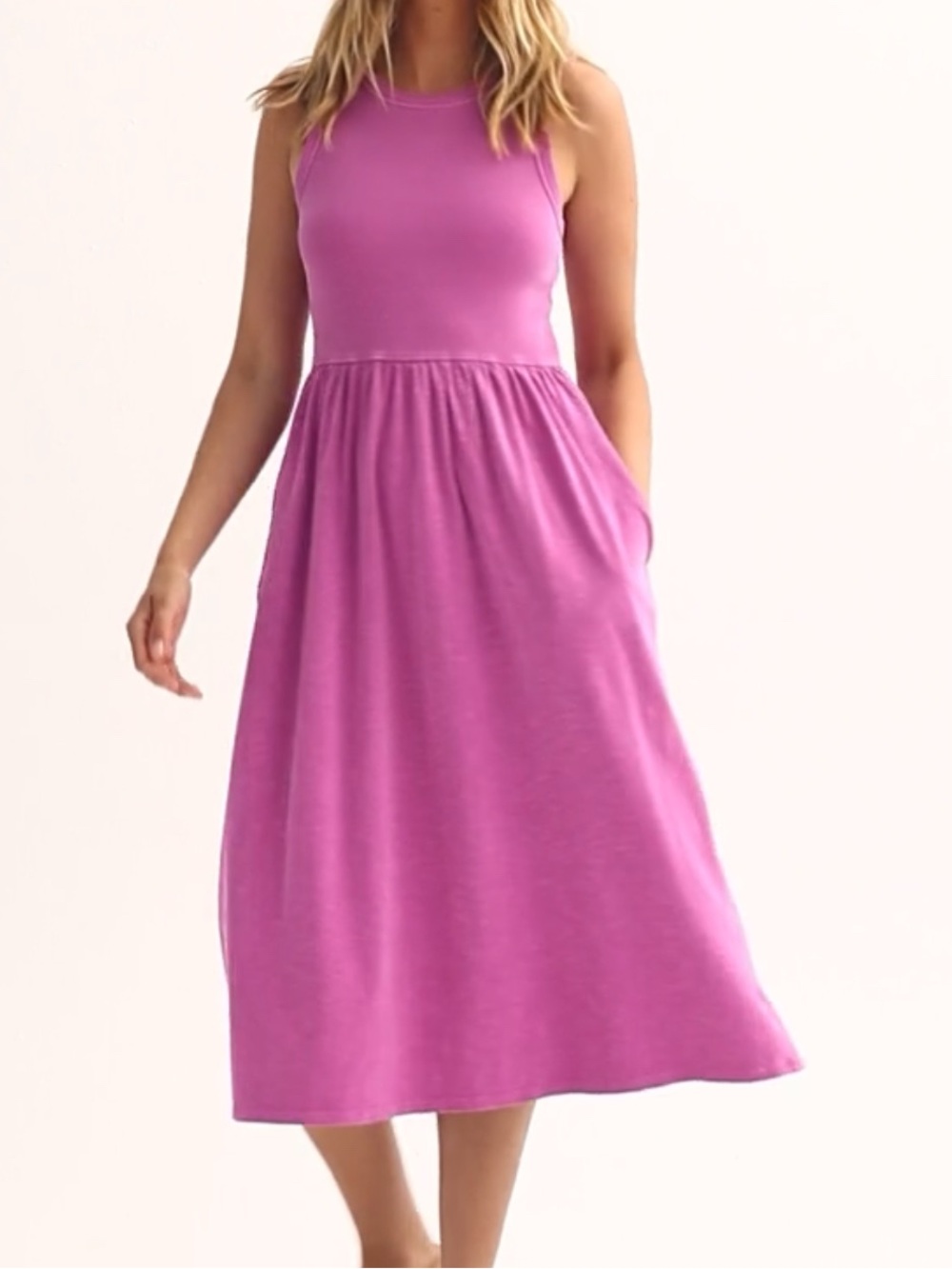 Sleeveless Fuchsia Midi Dress with Gathered Skirt and Pockets